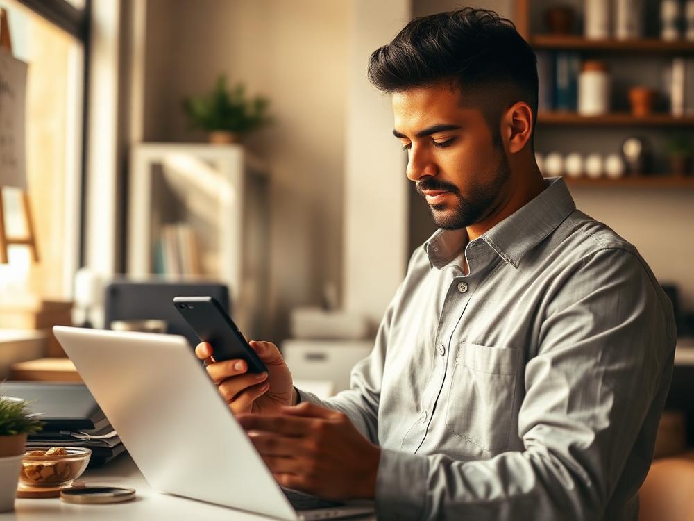 Emprendedora revisando las finanzas de su negocio desde una laptop y su celular